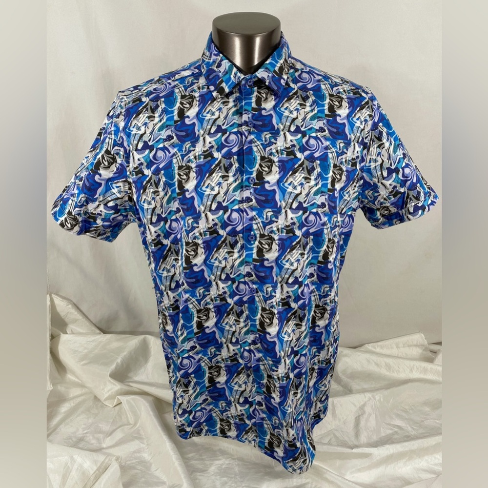 Robert Graham Men's Blue Multi Abstract Button Down Short Sleeve Shirt XL